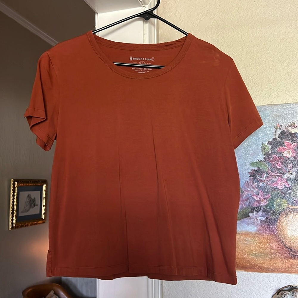 Bridge and Burn size Medium T-shirt in pumpkin color.